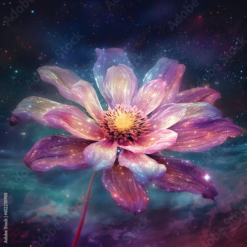 Radiant spiritual flower, magic flower, enlightenment or meditation and universe, surreal scene, abstract AI illustration. For creative graphic design, card, poster, wallpaper.