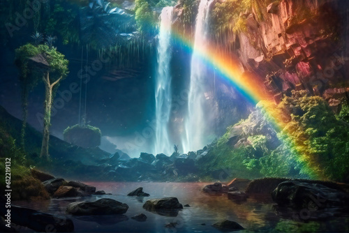 Magical psychedelic landscape  with a waterfall  colorful plants and a rainbow. Created with Generative AI technology.