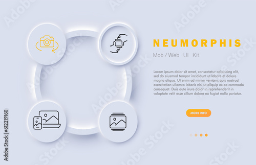 Photography. The art and practice of capturing and creating images using a camera or other light-sensitive devices. Neomorphism. Vector line icon for Business