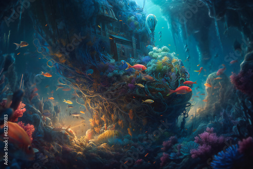 Fantasy under water illustration. Created with Generative AI technology.