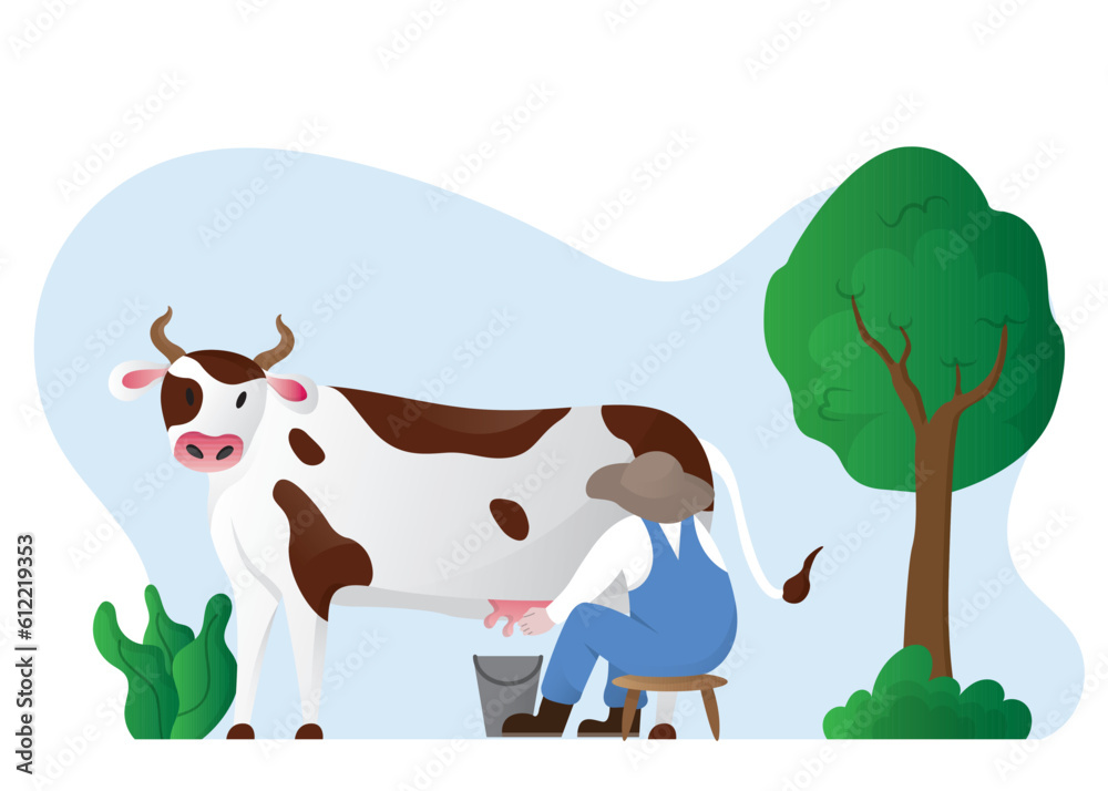 Farmer milking a cow, dairy cow, Cattle Milk Farm Illustration, flat