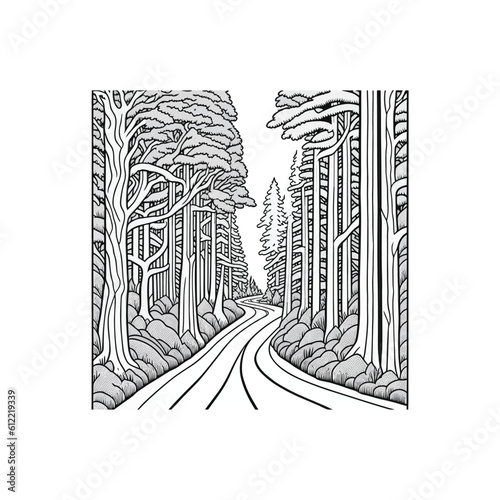 A dirt road through the forest, line art. 