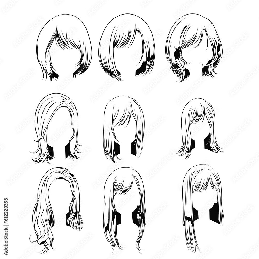 Fototapeta premium set of vector line art anime girl hair for graphic resources