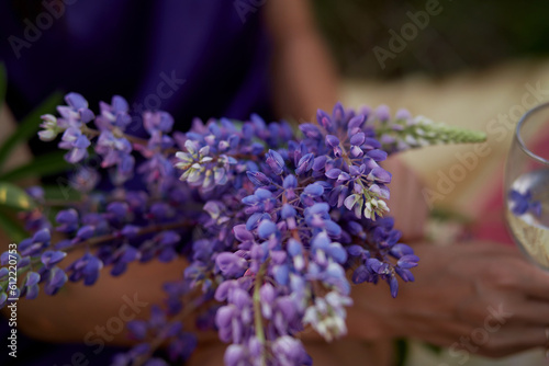 Bouquet of summer lupins. Connecting with nature, well being, life balance concept