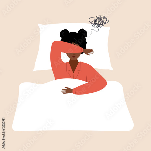 Sleep problems. Tired african woman lying in bed and suffer from headache. Insomnia or sleep disorder concept. Vector illustration in flat cartoon style.