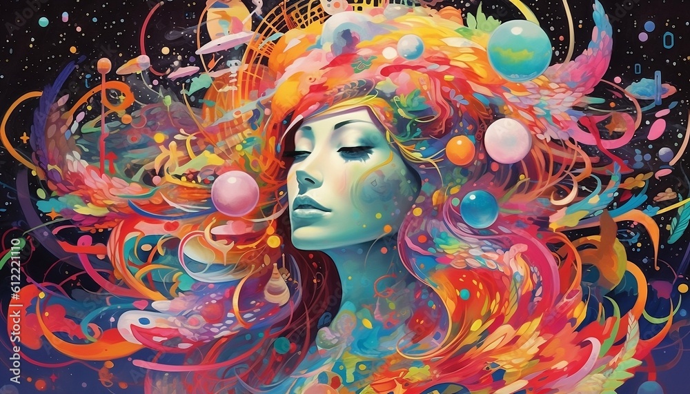 Colorful illustration of a girl with cosmic fairy hair with circles and paint, AI-generated