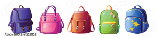 Cartoon set of backpacks isolated on white background. Vector illustration of textile and leather school bag with badges, travel rucksack, luggage handbag with handle. Tourism adventure accessories