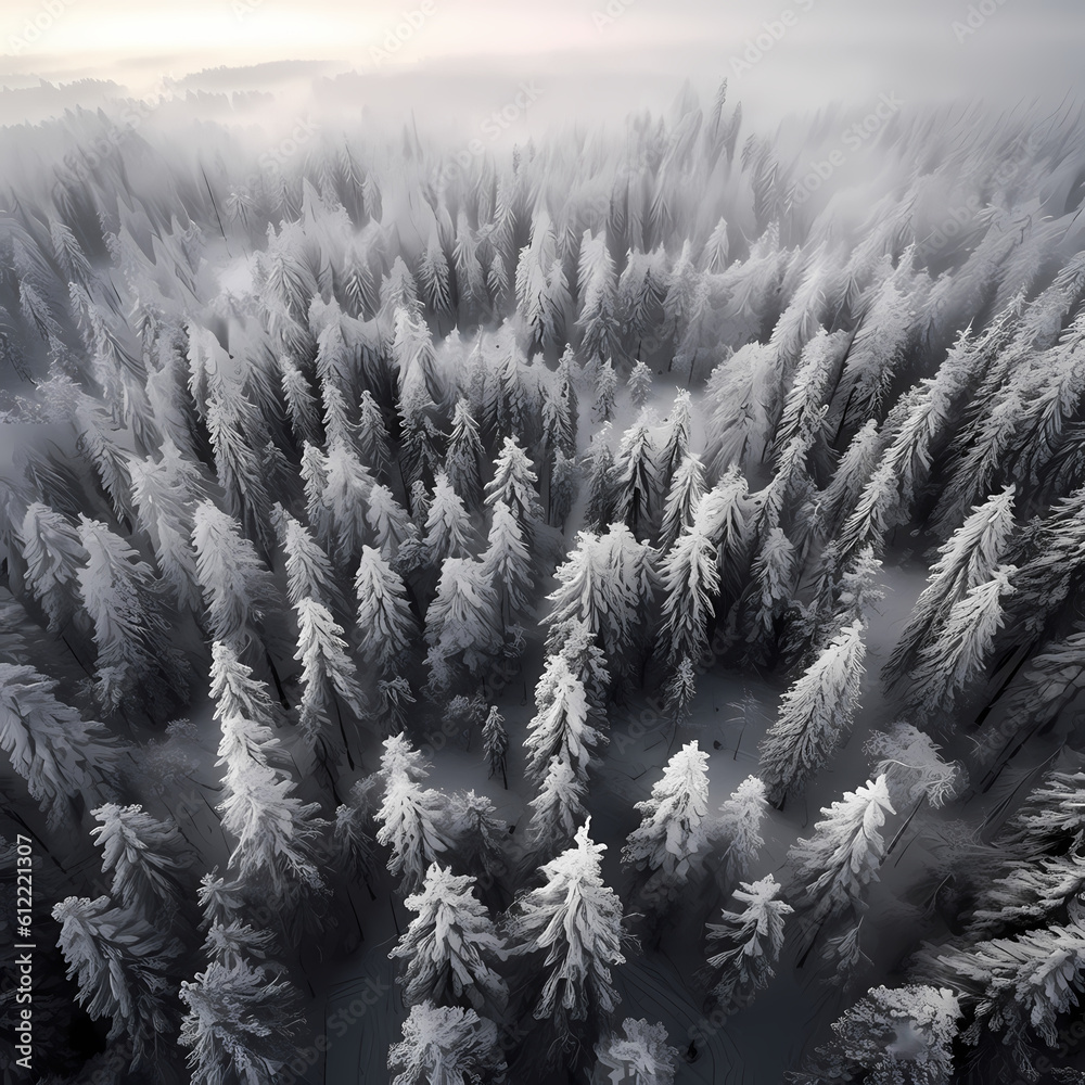 Snow Forest Aerial View. Generative AI