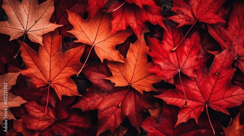  Red autumn maple leaves laying on the forest. Top view