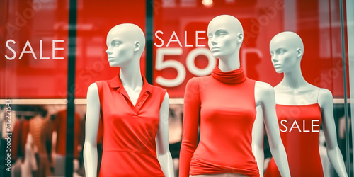 Mannequins in bright red t-shirts. Sale in the store. Female dummies in the shop. Generative Ai photo