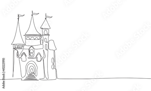 Fairy castle isolated on white background. One line continuous vector illustration. Line art, outline.