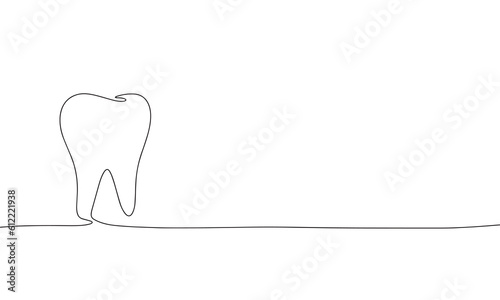 Tooth isolated on white background. One line continuous vector illustration. Line art, outline.