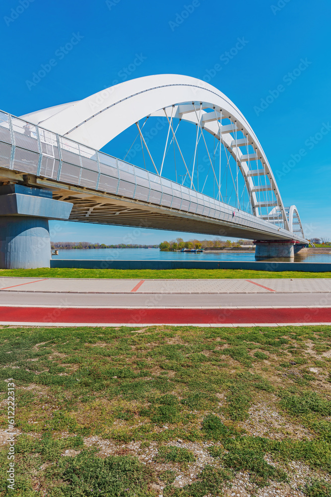 Obraz premium Zezelj bridge, a tied-arch bridge on Danube river in Novi Sad, Vojvodina, Serbia.