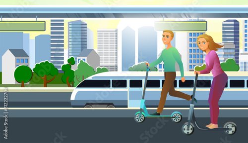 guy and girl compete with train. Ride an electric scooter. Modern sport and movement. Fun cartoon style. Modern big city. Vector