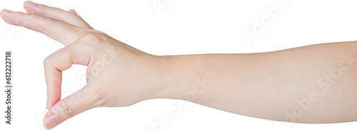 Woman hand gesture holding something isolated on white background
