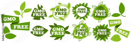 A set of vector green emblems that do not contain GMOs. Various variations of the label, the sign of natural products. Sticker for products grown without chemical additives Label quality naturalness