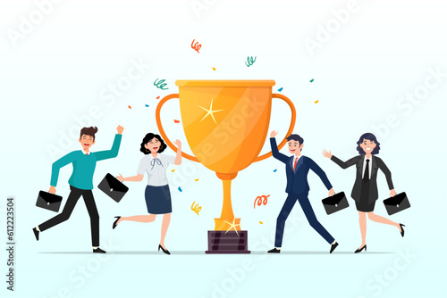 Happiness success businessmen and women team holding winning trophy cup., team success recognition, reward for teamwork to achieve business goal, victory for coworkers to complete mission (Vector)