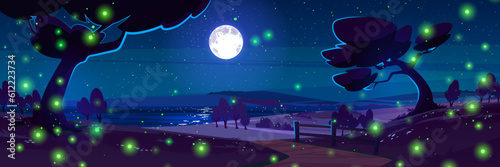 Night landscape with moon in starry sky and fireflies cartoon vector background scene. Nighttime beach illustration with path to sea and skyline. Romantic moonlight reflection in dark ocean horizon