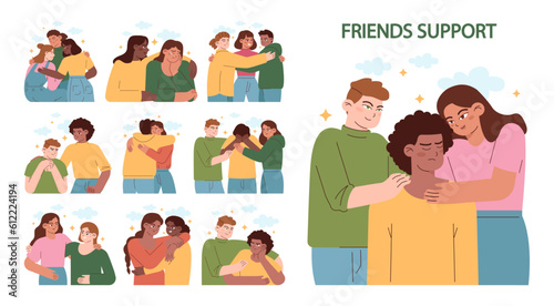 Friends support set. Mental support and comfort for stressed or upset