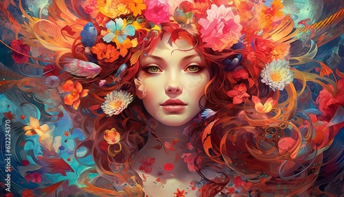Colorful illustration of a girl with red hair in colors and paints, autumn portrait, AI-generated
