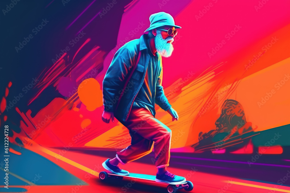 Old man skateboarding fast, surreal style. Generative AI.