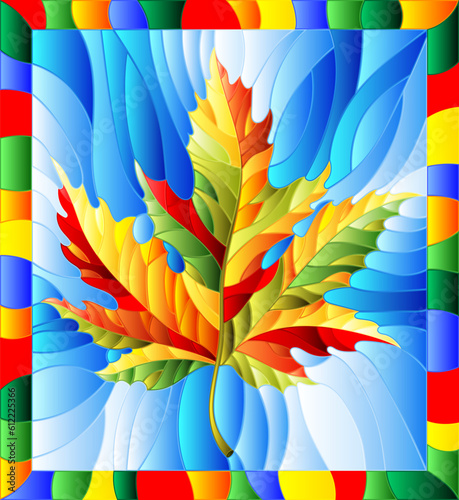 An illustration in the style of a stained glass window with an maple leaf on a blue sky background in a bright frame