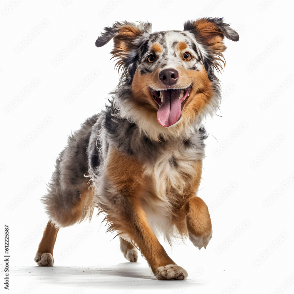 Australian shepherd puppy smiling isolated on a white background