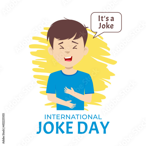Man laughs out loud at jokes vector illustration. International joke day celebration flat poster