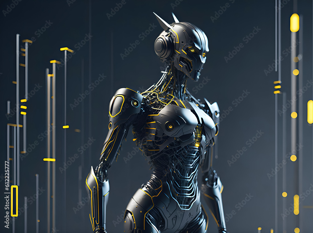 Figure of robot made of metal and electronic systems. Cyborg robot on dark background. generative AI Figure of robot made of metal and electronic systems. Cyborg robot on dark background. generative AI