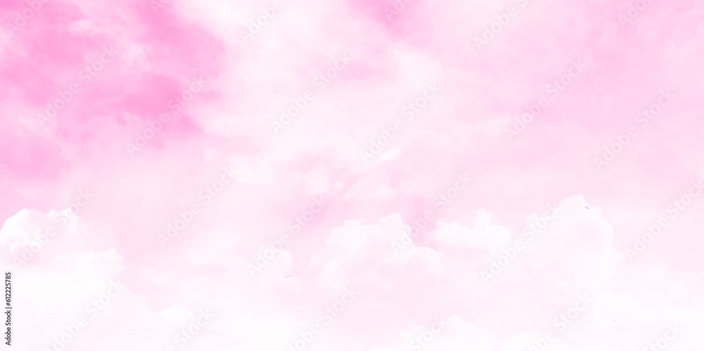 Pink sky background with white clouds. Trendy concept design. Vector art