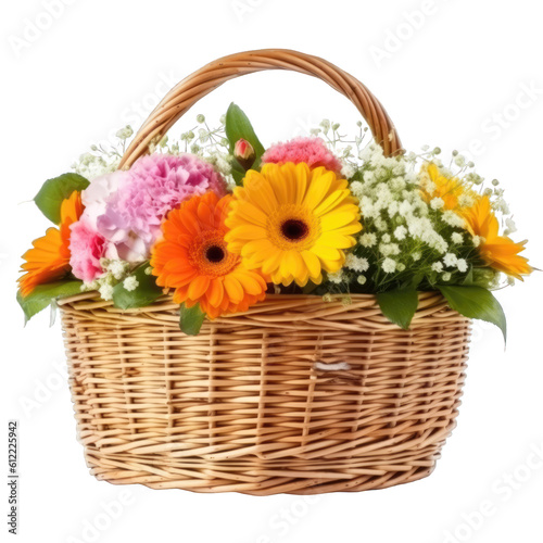 Wicker basket full of beautiful different flowers isolated on transparent background, png clip art. Decorative floral element. Generated with AI.