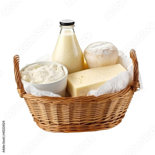 Wicker basket full of delicious and fresh dairy products isolated on transparent background, png clip art. Generated with AI.