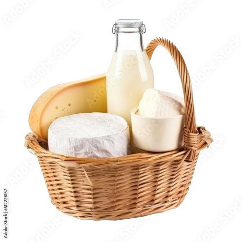 Wicker basket full of delicious and fresh dairy products isolated on transparent background, png clip art. Generated with AI.