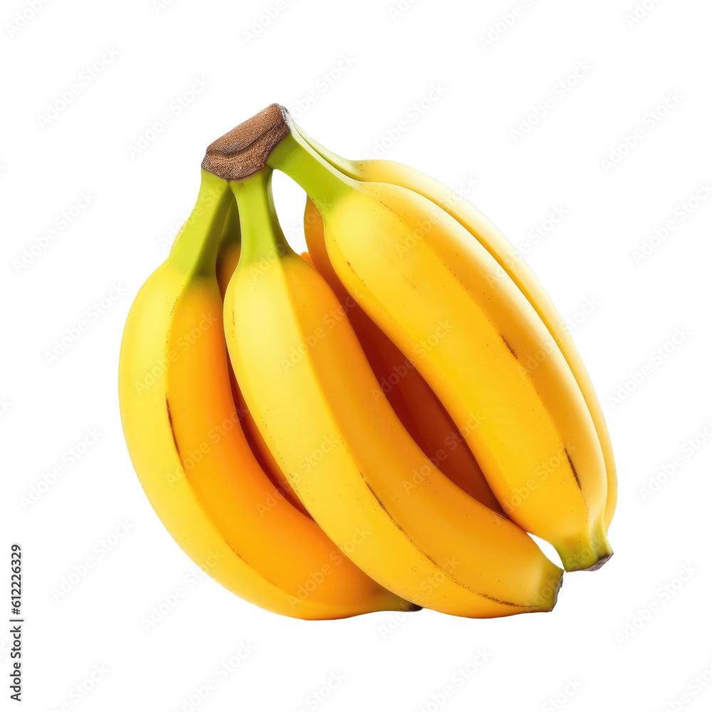 Delicious bunch of bananas isolated on transparent background, png clip art, template for mark fruit flavor on label of product. Generated with AI.