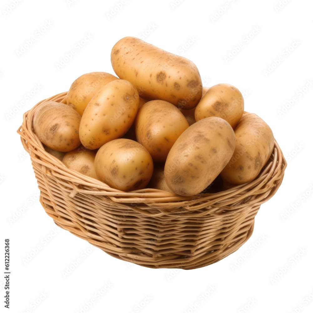 Wicker basket full of organic natural potatoes isolated on transparent background, png clip art. Generated with AI. Wicker basket full of organic natural potatoes isolated on transparent background, png clip art. Generated with AI.
