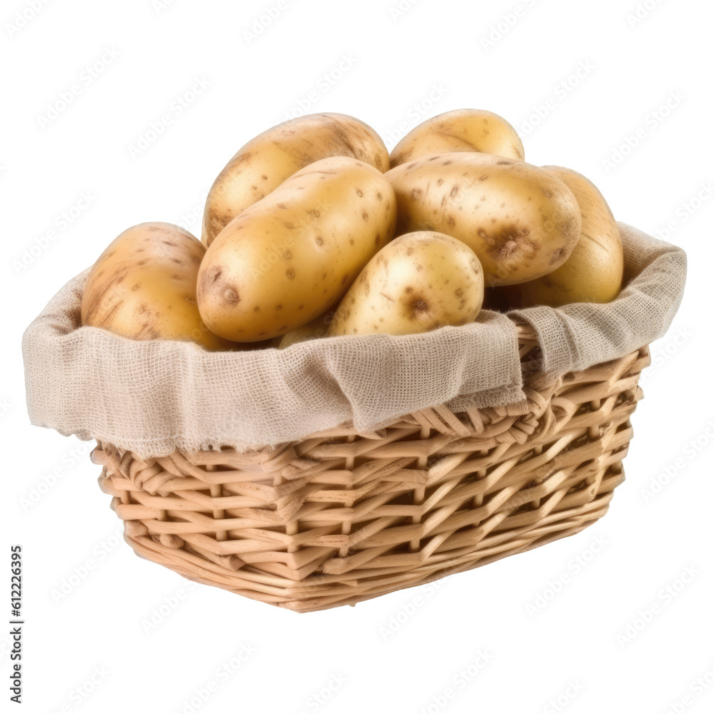 Wicker basket full of organic natural potatoes isolated on transparent background, png clip art. Generated with AI. Wicker basket full of organic natural potatoes isolated on transparent background, png clip art. Generated with AI.