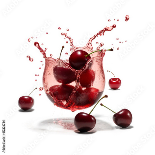 Cherry into of burst splashes of juices on white. Vector illustration. Generative AI