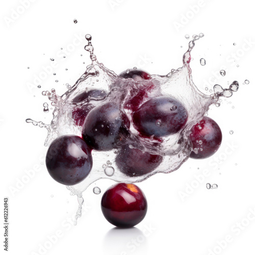 Plum into of burst splashes of juices on white. Vector illustration. Generative AI.