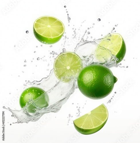 Lime into of burst splashes of juices on white. Vector illustration.   generative AI.