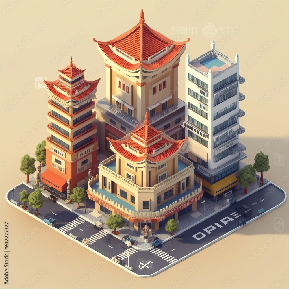 Equidistant model of traditional Chinese architecture,created with generative ai tecnology.