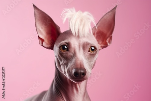 Cool mexican hairless dog on pink background. Style and fashion. Stylish pet. Xolo, xoloizquintle breed. Generative AI.