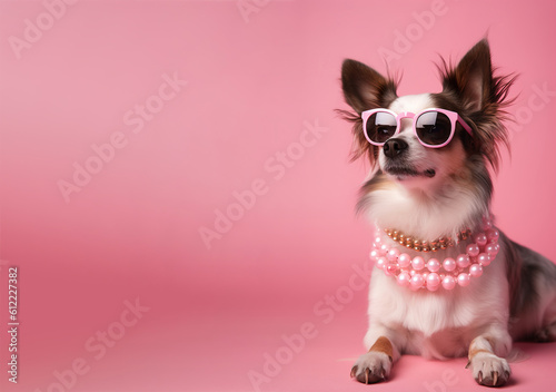 Cool dog with sunglasses and neckless on pink background. Copy space for text. Fashionable appearance, be trendy. Style and fashion. Stylish pet. Jewelry, accessories. Generative AI. photo