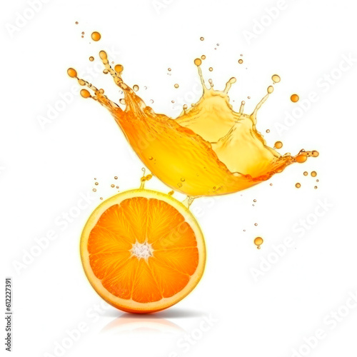 orange into of burst splashes of juices on white. Vector illustration. Generative AI.