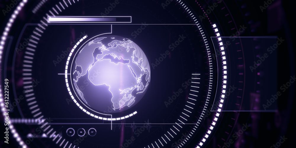 Naklejka premium Creative glowing purple map or globe hologram on dark background. Earth, metaverse and technology concept. 3D Rendering.