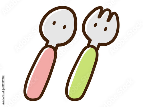 子供用のスプーンとフォークのキャラクターのかわいいデフォルメイラストセット
