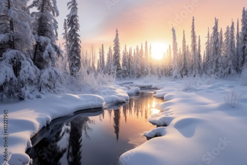 Winter Wonderland: Snow-Covered Forest, Crisp Frosty Atmosphere, Sunset, and Serene Beauty of the Winter Season - Generative AI © A Sku