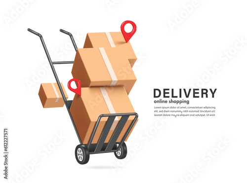 Parcel boxes or cardboard boxes are stacked on top of trolleys used in warehouse and red pin location for customer delivery place on top