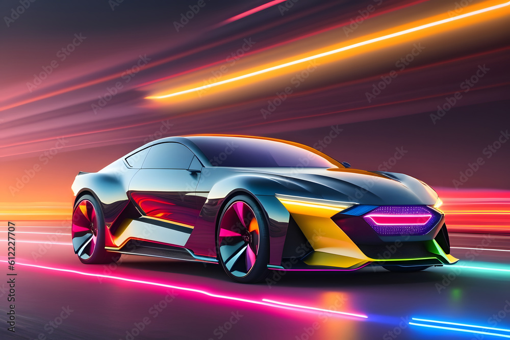 Speeding Sports Car On Neon Highway supercar on a night track with colorful lights and trails created with Generative AI technology