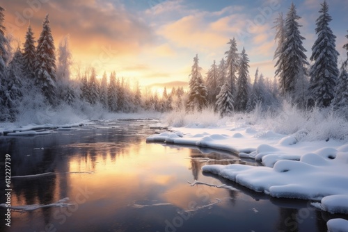 Winter Wonderland: Snow-Covered Forest, Crisp Frosty Atmosphere, Sunset, and Serene Beauty of the Winter Season - Generative AI © A Sku