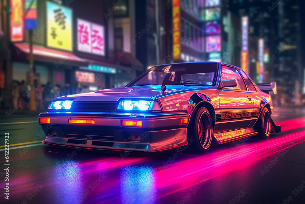 Retro Revival: Classic Car on Tokyo Street, Embracing Retrowave Aesthetics, Generative AI